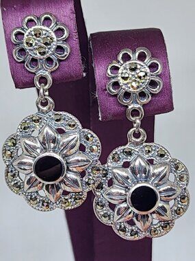 Vintage Marsala Co "MC" Sterling Silver Onyx Marcasite Flower Dangle Earrings